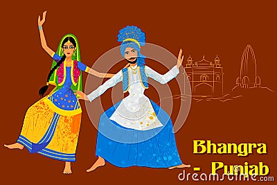 Couple performing Bhangra folk dance of Punjab, India Vector Illustration