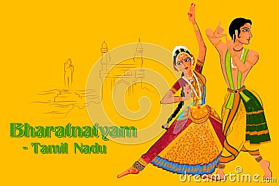 Couple performing Bharatanatyam classical dance of Tamil Nadu, India Vector Illustration