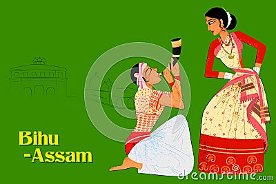 Couple performing Bihu folk dance of Assam, India Vector Illustration