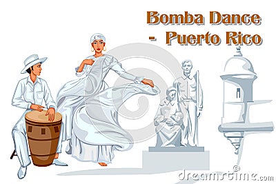 Couple performing Bomba dance of Puerto Rico Vector Illustration