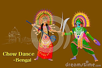 Couple performing Chhau folk dance of Assam, India Vector Illustration