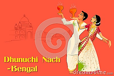 Couple performing Dhunuchi dance of Bengal, India Vector Illustration