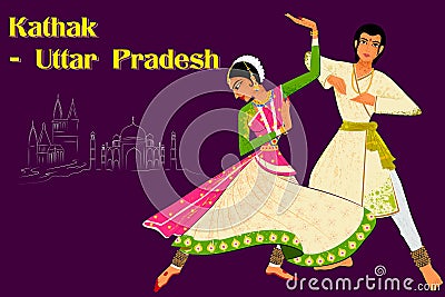 Couple performing Kathak classical dance of Northern India Vector Illustration