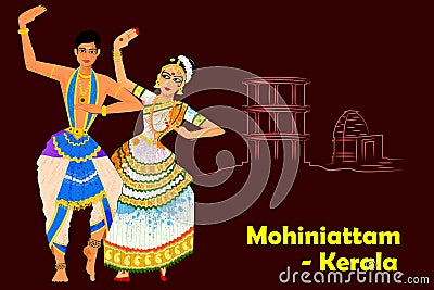 Couple performing Mohiniattam classical dance of Kerala, India Vector Illustration