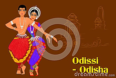 Couple performing Odissi classical dance of Odisha, India Vector Illustration
