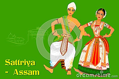 Couple performing Sattriya classical dance of Assam, India Vector Illustration