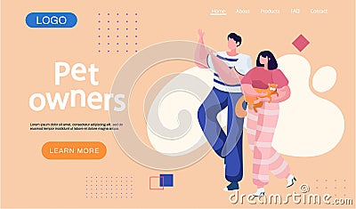 Couple pet owners holding ginger cat on hands landing page template. Happy people walking with pet Vector Illustration