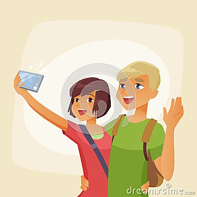 Couple photographing selfie on vacation Vector Illustration