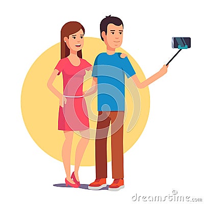 Couple photographing themselves on selfie stick Vector Illustration