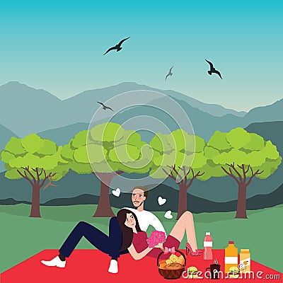 Couple picnic man woman in park outdoor dating bring food basket Vector Illustration