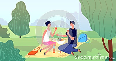 Couple on picnic. Spring picnics, garden or city park family date. Springtime outdoor activity, cartoon people eat on Vector Illustration