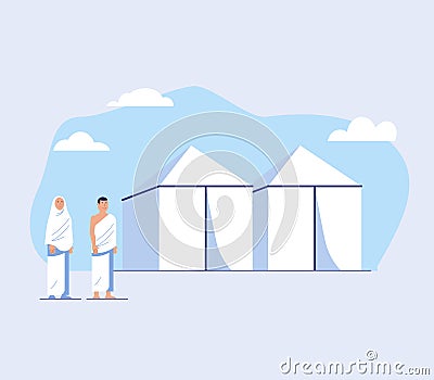 Couple Pilgrimage In Front Of White Tent Vector Illustration