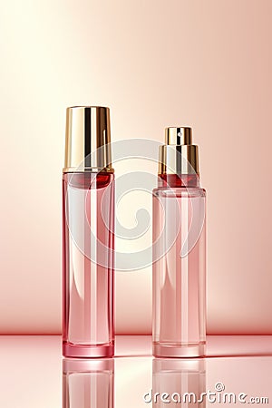 A couple of pink bottles sitting next to each other Stock Photo
