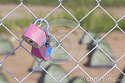 Couple pink padlock Stock Photo