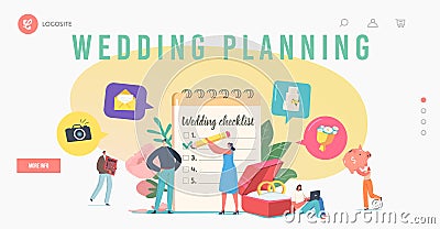 Couple Planning Wedding Landing Page Template. Tiny Loving Characters at Huge Planner Filling Checklist before Marriage Vector Illustration