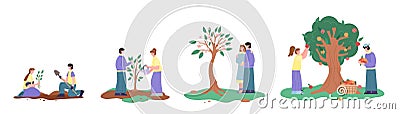 Couple planting and growing a tree, cartoon vector illustration isolated. Vector Illustration