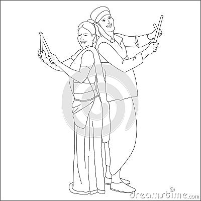 Couple playing dandia outline skeetch, navratri theme coloring pages Vector Illustration