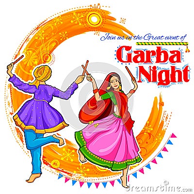 Couple playing Dandiya in disco Garba Night poster for Navratri Dussehra festival of India Vector Illustration