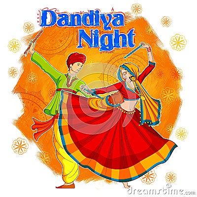 Couple playing Dandiya in disco Garba Night poster for Navratri Dussehra festival of India Vector Illustration