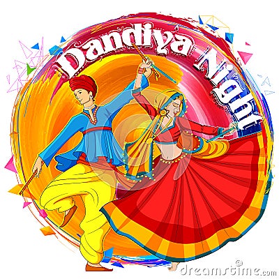 Couple playing Dandiya in disco Garba Night poster for Navratri Dussehra festival of India Vector Illustration