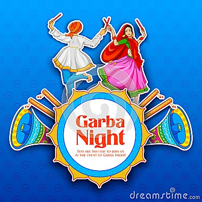 Couple playing Dandiya in disco Garba Night poster for Navratri Dussehra festival of India Vector Illustration