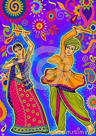 Couple playing Garba in Dandiya Night Navratri Dussehra festival Vector Illustration