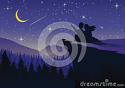 Couple point to meteor in star night on cliff and pine forest Vector Illustration