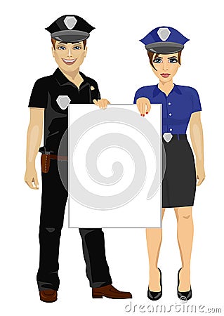 Couple of police people holding empty blank board Vector Illustration