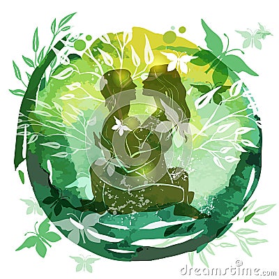 Couple Practicing Tantra Yoga Green Watercolor background nahata Vector Illustration