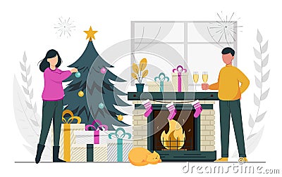 Merry Christmas and Happy New Year. Couple preparing for celebration Vector Illustration