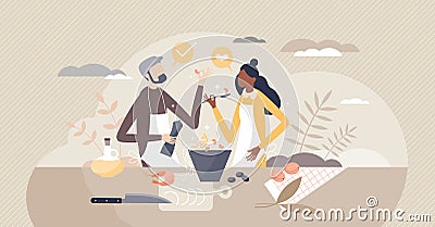 Couple preparing meals together as culinary cook process tiny person concept Vector Illustration