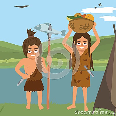 Couple of primitives near hut vector illustration Vector Illustration