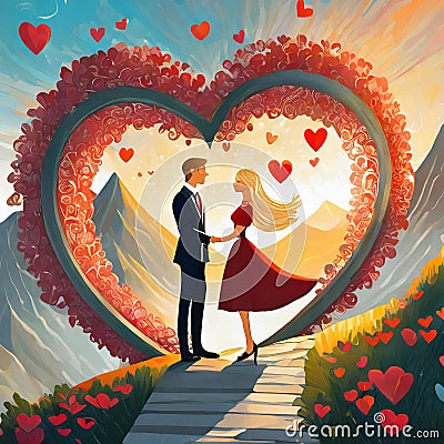 couple proposing silhouette and hearts flying around, mountains, a big heart with red pattern behind them. Stock Photo