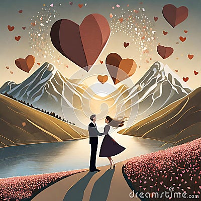 couple proposing silhouette and hearts flying around, mountains, river Stock Photo