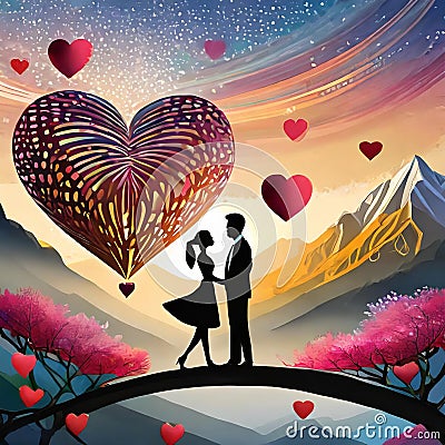 couple proposing silhouette and hearts flying around, mountains, trees with pink flowers Stock Photo