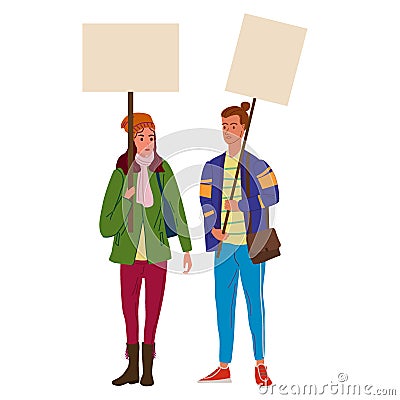 Couple Protesters man and woman holding empty banners. Activists protesting, political meeting, strike human rights Cartoon Illustration