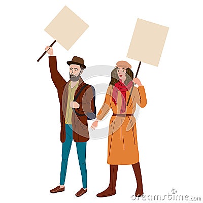 Couple Protesters man and woman holding empty banners. Activists protesting, political meeting, strike human rights Cartoon Illustration