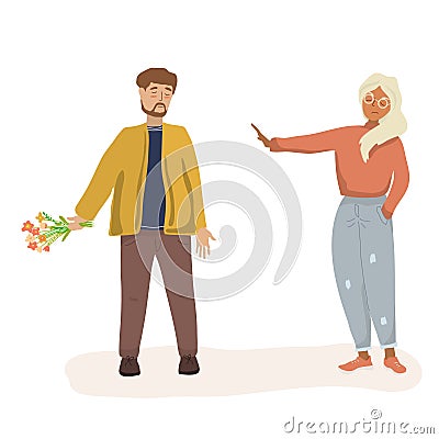Couple in a quarrel. A man with flowers is trying to apologize to a woman. Vector Illustration