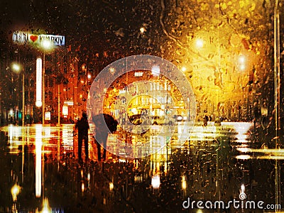 Couple at the rain at the city Editorial Stock Photo