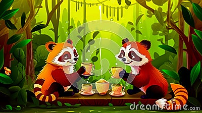 Couple of red pandas sitting at table with cups of tea. Generative AI Stock Photo