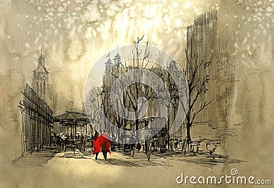 Couple in red walking on street of city Stock Photo