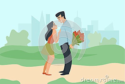 Couple relationships. Man and women in park walking, boy gives bouquet of flowers on romantic date, young characters in Vector Illustration