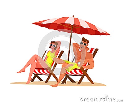 Couple relaxing on beach flat color illustration Vector Illustration