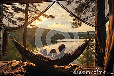 Couple relaxing in hammock on lake shore at sunset. Man and woman relaxing on hammock in forest. Couple in love on vacation, Stock Photo