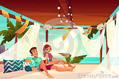 Couple relaxing in terrace on beach cartoon vector Vector Illustration