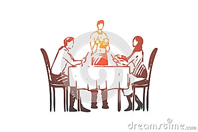 Couple, restaurant, table, waiter concept. Hand drawn isolated vector. Vector Illustration