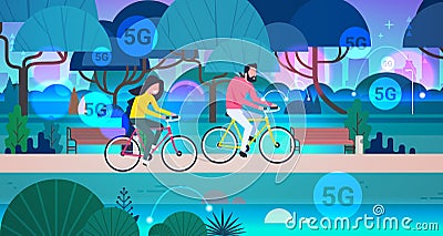 Couple riding bicycles in public park 5G online wireless system connection concept man woman cycling outdoors horizontal Vector Illustration