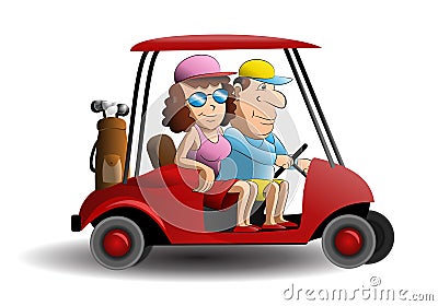 couple riding golf cart on a vacation on isolated white background Cartoon Illustration