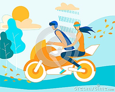 Couple Riding Motorbike in Rainy Autumn Weather Vector Illustration