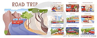 Couple road trip set. Young man and woman going on vacation by a car. Vector Illustration